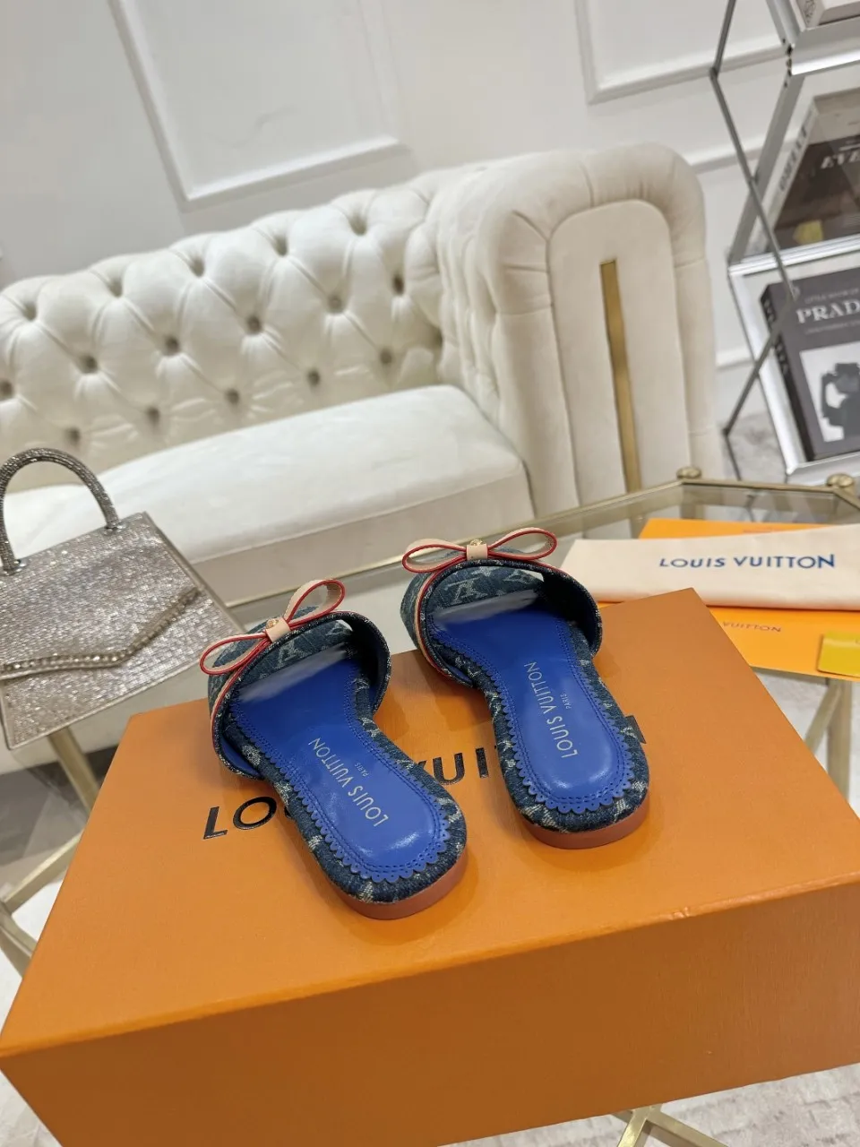 👟👟Ex-factory price 340👟👟 Genuine leather sole +40 Lv denim jacquard slippers, ex-factory price 70-43 Leather sole +40